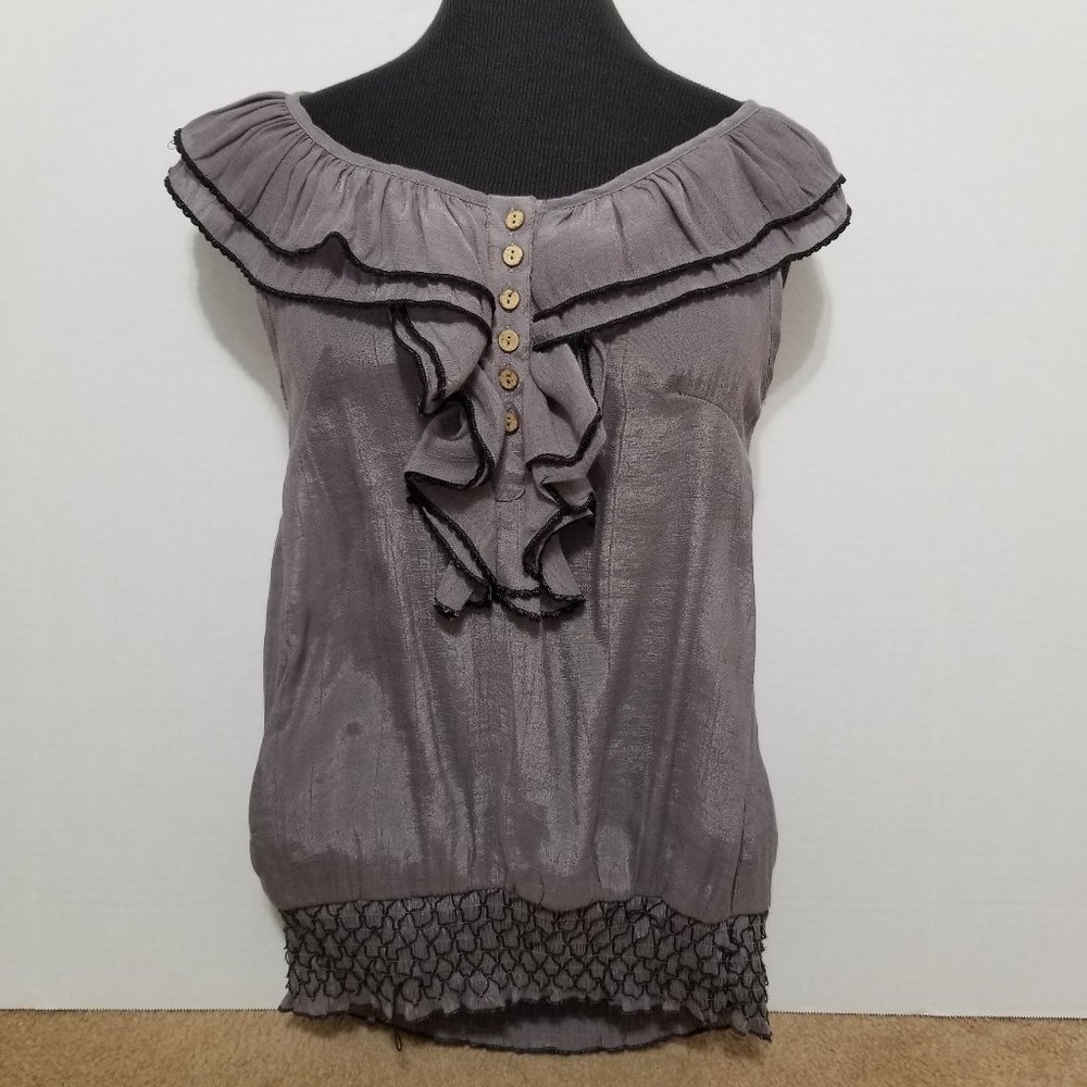 Body Central top Small peasant ruffle embroidered smocked buttons